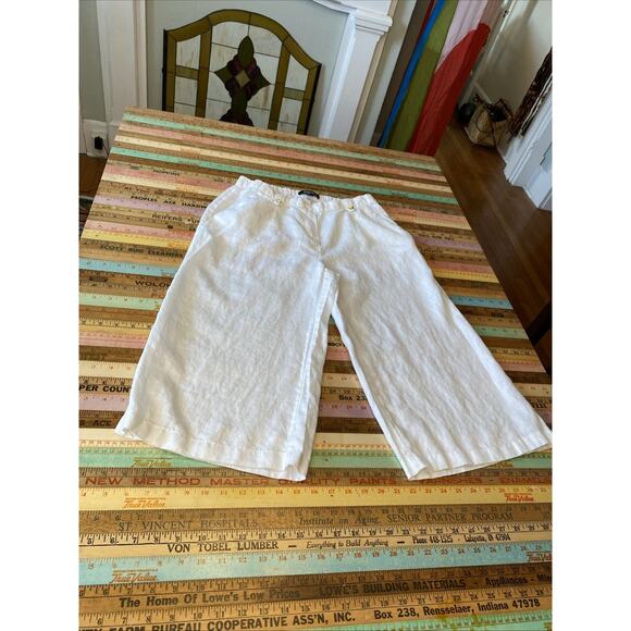 Ellen Tracy Women’s 100% Linen Wide Leg Crop Pant Size S White Pockets Boho - Picture 3 of 13